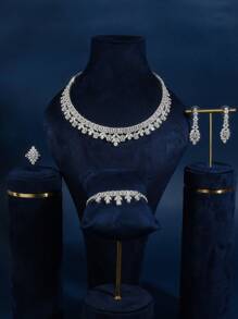 4pcs Silver Fashionable Cubic Zirconia Party Necklace, Open Ring, Bracelet And Earrings Set, Suitable For Women's Daily Wear