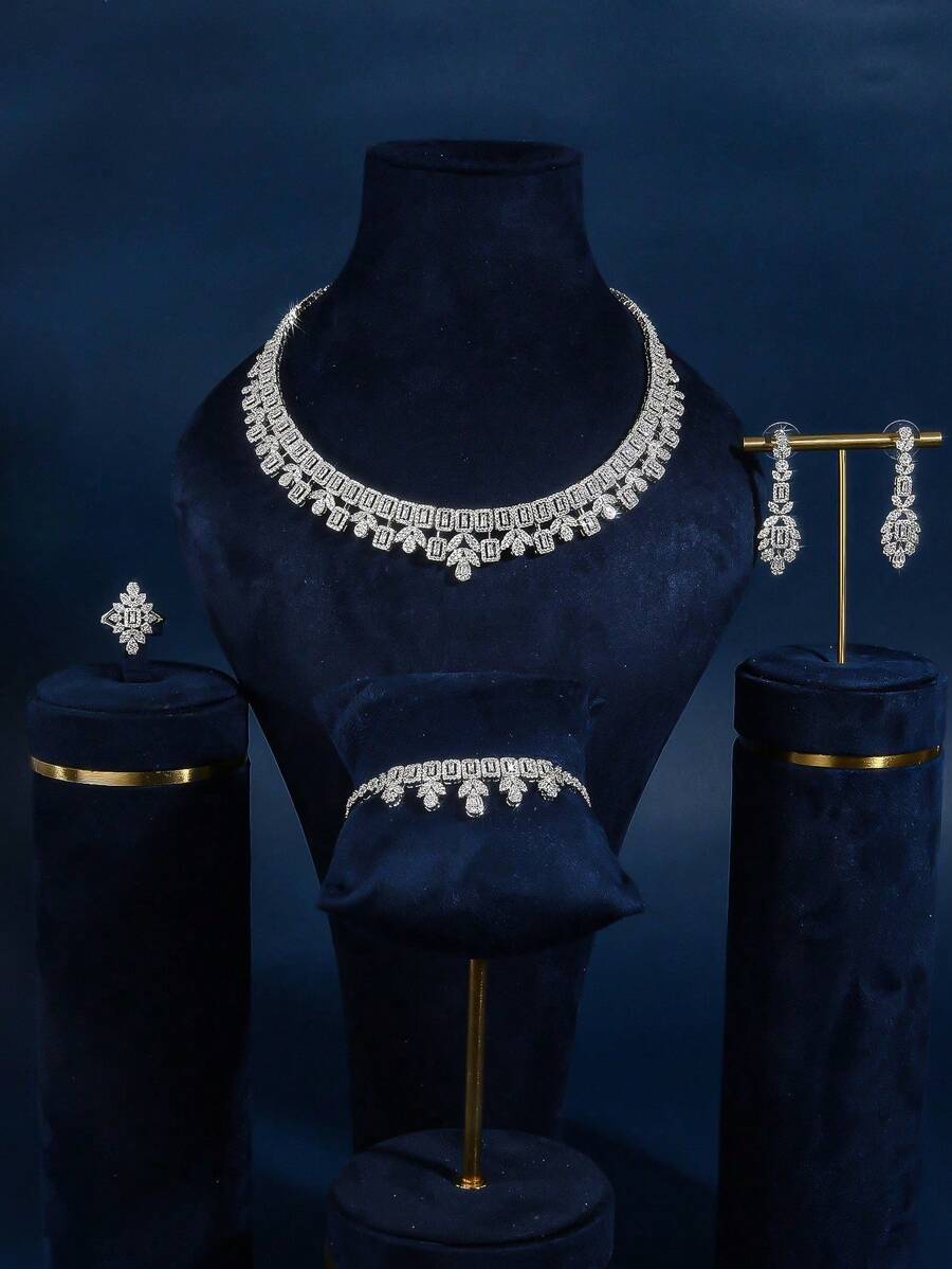 4pcs Silver Fashionable Cubic Zirconia Party Necklace, Open Ring, Bracelet And Earrings Set, Suitable For Women's Daily Wear