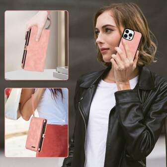 MEGSHI Wallet Style Phone Case, Leather Zipper Detachable Magnetic Cover With Card Slot And Wrist Strap, Inner Zipper Pocket,Compatible With IPhone/Samsung