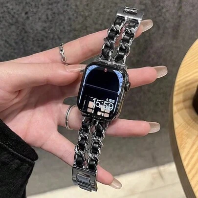 LuLuTom 1pc Black & Gold Fashion Luxury Double Chain Leather & Metal Bracelet Band Compatible With Apple Watch Band 38/40/41/42/44/45/49mm Compatible With Apple Watch Strap Ultra/SE/8/7/6/5/4/3/2/1