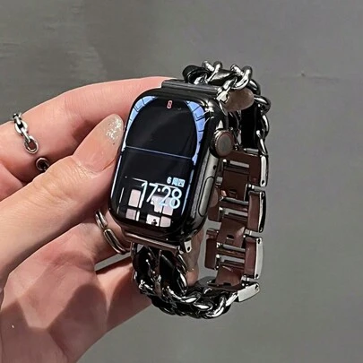 LuLuTom 1pc Black & Gold Fashion Luxury Double Chain Leather & Metal Bracelet Band Compatible With Apple Watch Band 38/40/41/42/44/45/49mm Compatible With Apple Watch Strap Ultra/SE/8/7/6/5/4/3/2/1