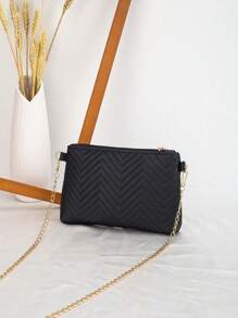 女性新款潮流波紋壓花鏈條斜跨包，肩背包，手拿包，信封包 - 黑色 - 查看 8