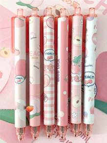 12pcs/10pcs/6pcs/4pcs/1pc Random Color Peach Push-Button Ballpoint Pens, Cute Pink Neutral 0.5mm Black Ink Pens, Essential School & Office Supplies, Signature & Marking Pens - Multicolor - View 6