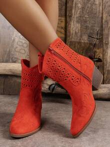 Women's Fashionable Solid Color Perforated Wedge Heel Boots With Lace & Side Zipper Design