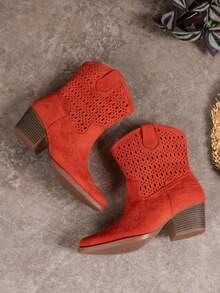 Women's Fashionable Solid Color Perforated Wedge Heel Boots With Lace & Side Zipper Design