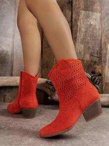 Women's Fashionable Solid Color Perforated Wedge Heel Boots With Lace & Side Zipper Design
