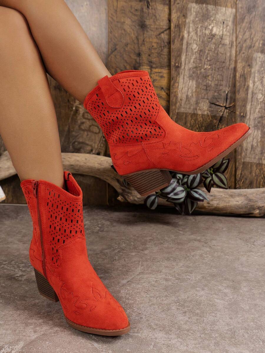 Women's Fashionable Solid Color Perforated Wedge Heel Boots With Lace & Side Zipper Design