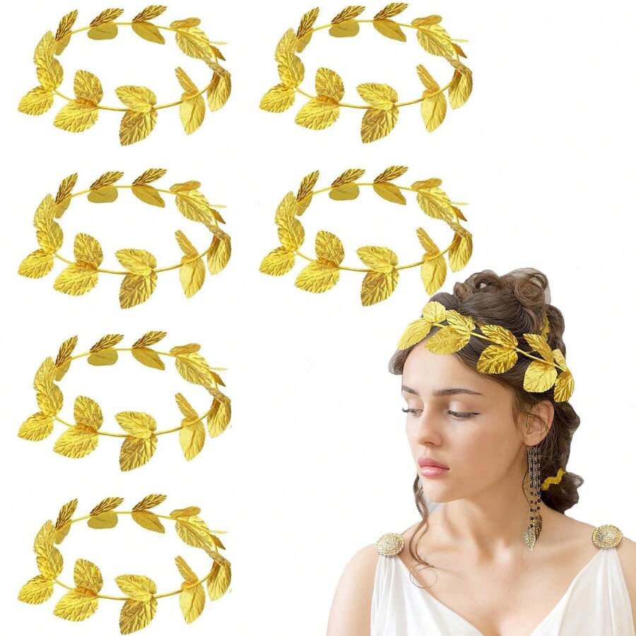 6 入組萬聖節托加頭飾，金色葉頭帶月桂冠希臘冠金色葉頭帶羅馬花圈托加服裝男女皆宜頭飾托加派對裝飾配件 - 金色 - 查看 1