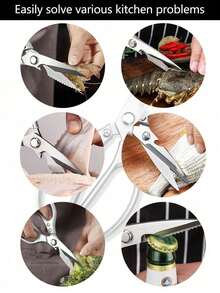Tijeras de cocina multifuncionales de estilo japonés de 1 pieza, tijeras para alimentos multifuncionales de acero inoxidable, herramienta práctica súper afilada adecuada para carne, pescado, pollo, pizza, ensalada, barbacoa, uso pesado, comercial y doméstico - Plateado - Ver 3