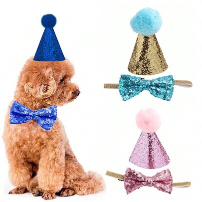Glitter Pet Birthday Party Decoration Set, Sparkly Sequin Dog Hat & Bow Tie Collars, Festive Animal Outfit Accessories