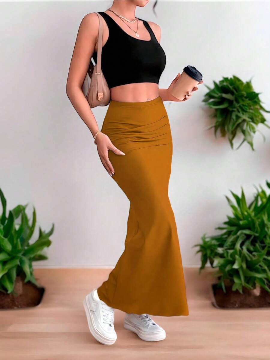 Falda larga corte de sirena ajustada para mujer de moda - Naranja Quemada - Ver 1