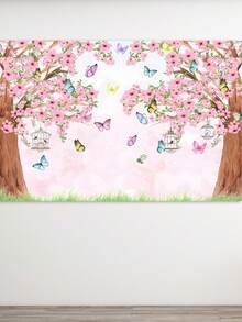 1 pieza Tela de fondo de estudio con mariposa de dibujos animados, puntos dorados, flores para fiesta de cumpleaños de bebé - Multicolor - Ver 11