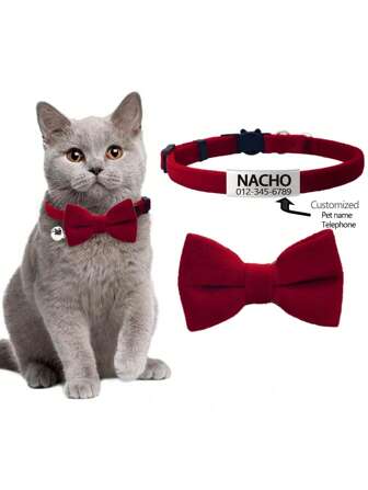 1 pieza Lazo para mascotas desmontable personalizado, Collar de terciopelo para gatos con moño y campana, personalizable con el nombre de la mascota, información de contacto y dirección, etiqueta antiextravío grabada, adecuado para gatos pequeños y medianos. Ornamental, grabado, acero inoxidable elegante, de moda, colorido, vintage, lindo, sencillo, lindos personalizados, único, personalizado, collar de mascota personalizado para aniversarios, cumpleaños, collares, correas y arneses personalizados para mascotas, local, suministros para mascotas, accesorios de Halloween 2025, colgantes con nombre de mascota personalizado para perros y gatos