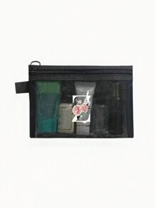 1个黑色网眼袋，白色花卉A-Z透明网眼化妆品收纳袋，多功能旅行便携包，护肤品和化妆品收纳袋，学生文具袋，网眼拉链袋，旅行化妆品收纳袋，简约高端，珠宝首饰收纳，适用于住宿、旅行、商务、游泳、家居收纳 - 黑色 - 查看 18