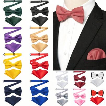 1 套纯色预系领结和口袋巾套装，适合男士休闲领带