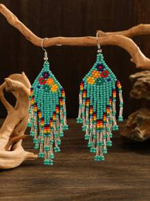 1 对度假波西米亚风格六朵小花玻璃珠手工编织串珠女士时尚吊坠流苏串珠耳环适合日常佩戴和节日礼物情人节