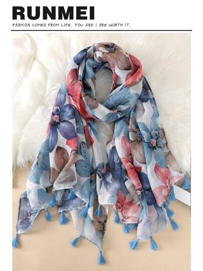 花卉印花流苏装饰围巾，适合日常生活、户外和旅行、波西米亚风、情人节