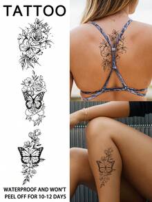 Butterfly Flower Temporary  Tattoo Sexy Waterproof Sweatproof Last For 1-2 Weeks Realistic Herbal Juice Non-Reflective Geometric Faux Black Fake Tattoos For Woman Tattoo Stickers For Chest,Belly,Leg,Back,Waist,Arm Modernist Body Art - Black - View 2