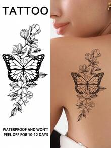 Butterfly Flower Temporary  Tattoo Sexy Waterproof Sweatproof Last For 1-2 Weeks Realistic Herbal Juice Non-Reflective Geometric Faux Black Fake Tattoos For Woman Tattoo Stickers For Chest,Belly,Leg,Back,Waist,Arm Modernist Body Art - Black - View 5
