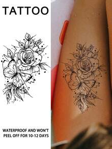 Butterfly Flower Temporary  Tattoo Sexy Waterproof Sweatproof Last For 1-2 Weeks Realistic Herbal Juice Non-Reflective Geometric Faux Black Fake Tattoos For Woman Tattoo Stickers For Chest,Belly,Leg,Back,Waist,Arm Modernist Body Art - Black - View 6