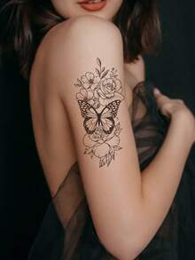 Butterfly Flower Temporary  Tattoo Sexy Waterproof Sweatproof Last For 1-2 Weeks Realistic Herbal Juice Non-Reflective Geometric Faux Black Fake Tattoos For Woman Tattoo Stickers For Chest,Belly,Leg,Back,Waist,Arm Modernist Body Art - Black - View 1