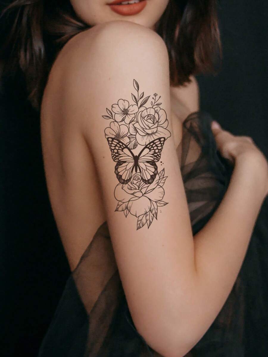 Butterfly Flower Temporary  Tattoo Sexy Waterproof Sweatproof Last For 1-2 Weeks Realistic Herbal Juice Non-Reflective Geometric Faux Black Fake Tattoos For Woman Tattoo Stickers For Chest,Belly,Leg,Back,Waist,Arm Modernist Body Art - Black - View 1
