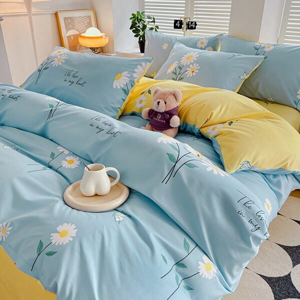 3pcs/Set Blue Floral Printed Korean Style Countryside Style Bedding Set, Made Of Soft Aloe With Brushed Texture, Including 1 Duvet Cover And 2 Pillowcases, Multiple Sizes Available, Filling Not Included