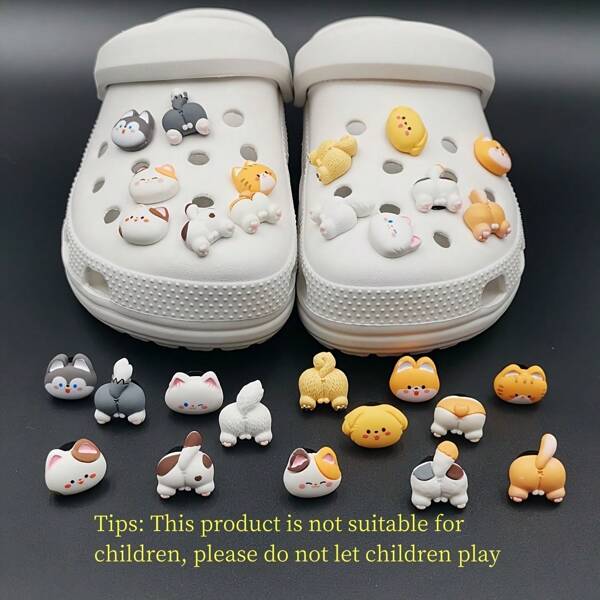 14pcs Cute Cartoon 3D Cat & Dog Head And Butt Shoe Decoration Set For DIY, Shoe Accessories & Charms Suitable For Hole Shoes