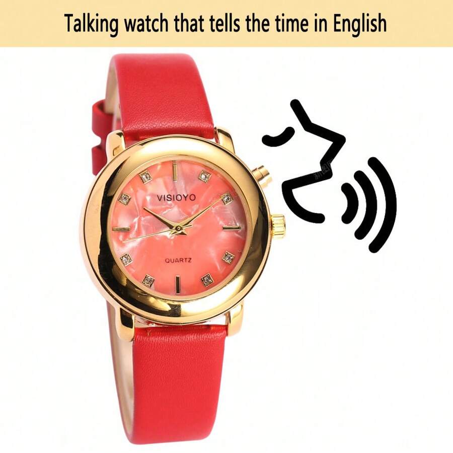 English Talking Women's Watch With One Touch Chime, Hourly Chime, Date, Alarm Clock And Watch For The Elderly, Blind And Visually Impaired - 紅色 - 查看 1