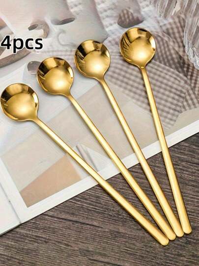 4 PCS Coffee Spoons, Stirring Spoons, Tea Spoons Long Handle, Gold Teaspoons, Gold Spoons, Ice Tea Spoons, Long Spoons For Stirring, Gold Espresso Spoons Stainless Steel, Stainless Steel Golden Round Spoon Creative Long Handle Coffee Stirring Spoon, For Coffee Candy, Dessert Cake, Ice Cream Soup, Appetizer, Cappuccino, Gold Concentrate Spoon Stainless Steel, More - Ideal For Home, Restaurants, And Cafes School Supplies Back To School