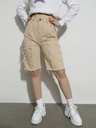 Tween女孩拼接磨損邊休閒百慕達丹寧短褲