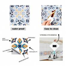 摩洛哥自粘式瓷砖贴花，10 件套花卉印花墙贴，厨房和浴室墙面装饰，防水防油耐高温防水墙纸，适用于客厅装饰、宿舍装饰、返校用品、万圣节装饰 - 彩色 - 查看 7