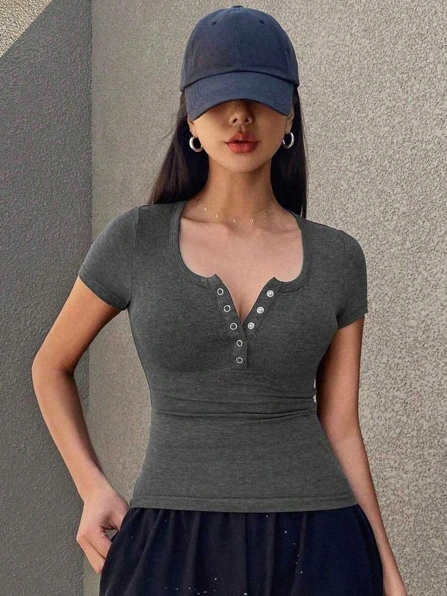 Camiseta de Manga Corta para Mujer, Cuello Redondo Ribbed, Casual y Sexy, Transpirable para Verano
