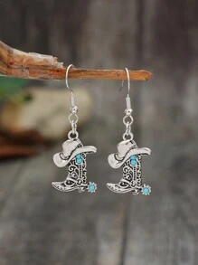 1pair Western Style Women's Cowboy Hat & Boots Retro Fashion Earrings - Antique Silver - View 12