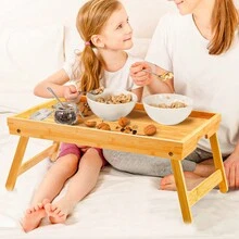 Bamboo Bed Tray Table With Foldable Legs, Breakfast Tray For Sofa, Bed, Eating, Working, Used As Laptop Desk Snack Tray - Multicolor - View 3