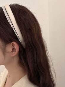 Elegant 1pc Solid Color Thick Faux Pearl Hairband For Women Headband Hair Hoop - Beige - View 5