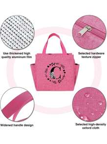 1pc Pink Insulated Lunch Bag Large Capacity Cooler Bag Waterproof Zipper Portable Students Meals Lunch Box Women Handbag Fashion 26 Initial Letter Multifunctional Thermal Lunch Bags Food Storage Bags For Picnic Camping Work,Back To School - Pink - View 2