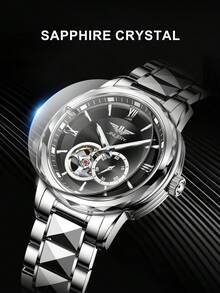 JINLERY名品男士自動機械手錶，發光3ATM防水，高品質奢華金色羅馬數字錶盤，商務多場合合適 - 黑與白 - 查看 5