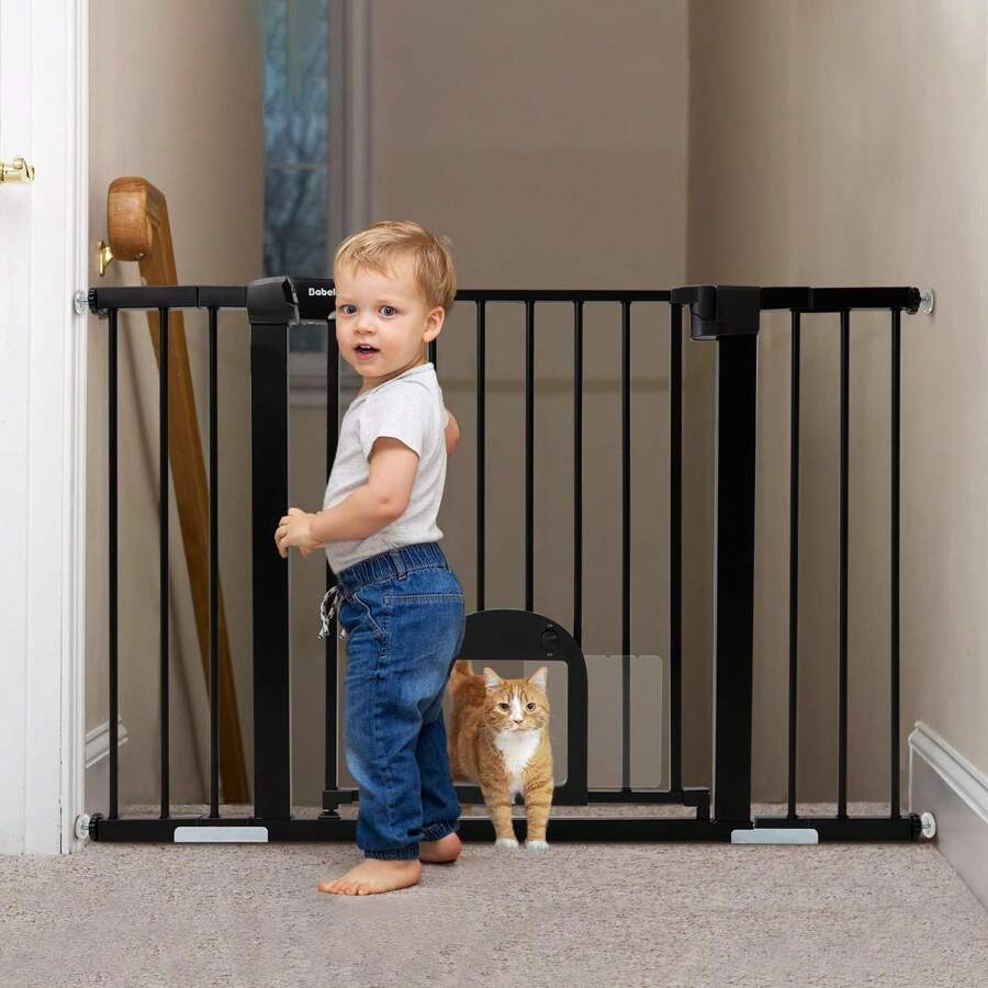 Baby Gate With Adjustable Cat Door, 30 Inch Height Easy Install Pressure/Hardware Mounted Dog Gates For The House, Auto Close Pet Gate For Stairs - 黑色 - 查看 1
