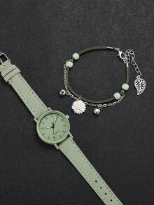 女士草绿色皮革表带时尚简约表盘数字石英表套装 + 草绿色花叶手链套装（4 件/套）作为返校学生的礼物 - 綠色 - 查看 8