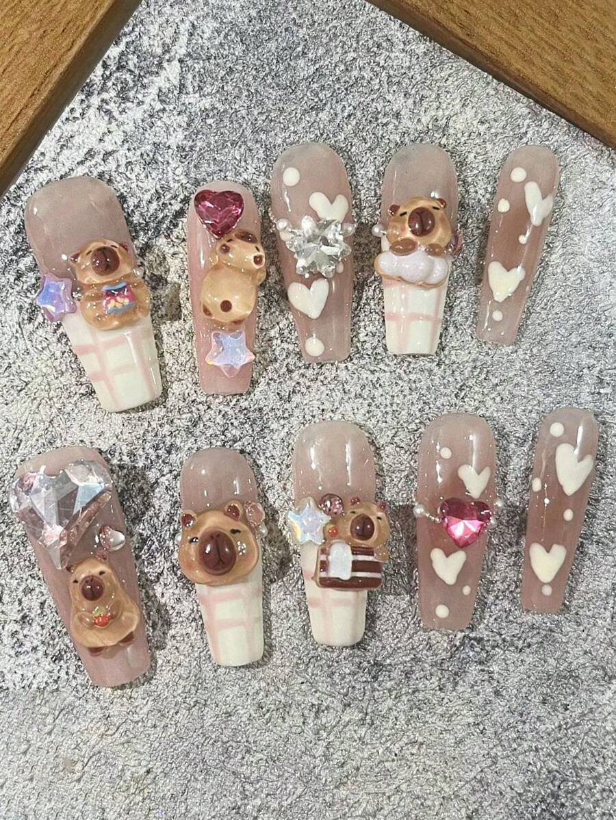 10Pcs Cute Cartoon 3D Capybara, Star, Heart Rhinestone Nail Charm Decoration Press On Nails Nail Supplies Nails - Multicolor - View 1