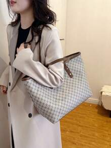 大容量多功能印花手提包，铆钉装饰，复古花卉印花手提包，大容量单肩包，时尚日常手提包，女士手提包 - 卡其色 - 查看 2