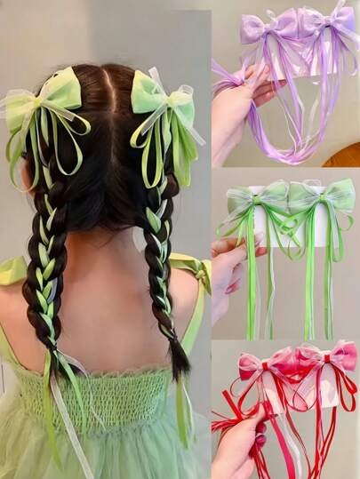 2pcs Lovely Bow Ribbon Hair Clips For Girls, Kids Gift, Daily Use (Packaged Without Backing Card)