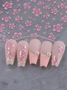 6片夏季芙蓉花美甲贴纸，混色3D自粘贴花，美甲滑块，粉色、白色、金色花卉美甲设计，美甲装饰，适合度假美甲，女士女孩美甲用品 - 彩色 - 查看 8