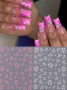 6片夏季芙蓉花美甲贴纸，混色3D自粘贴花，美甲滑块，粉色、白色、金色花卉美甲设计，美甲装饰，适合度假美甲，女士女孩美甲用品 - 彩色 - 查看 3