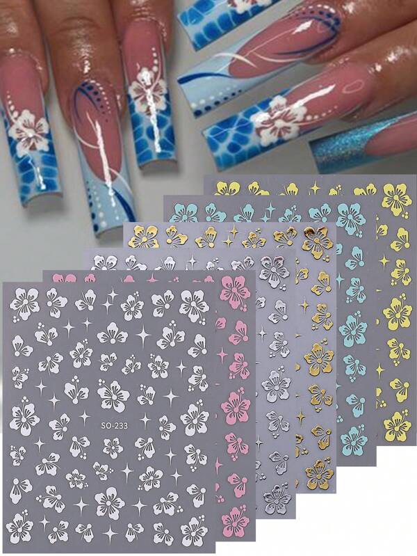 6pcs Summer Hibiscus Flower Nail Stickers Mixed Color 3D Self-Adhesive Decals Nail Art Sliders Pink White Gold Floral Nail Design Manicure Decor For Vacation Nails Women Girl