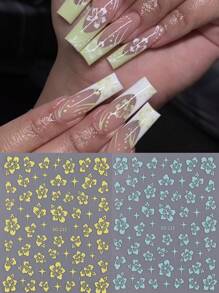 6片夏季芙蓉花美甲贴纸，混色3D自粘贴花，美甲滑块，粉色、白色、金色花卉美甲设计，美甲装饰，适合度假美甲，女士女孩美甲用品 - 彩色 - 查看 4