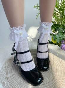 1 par de calcetines de media pantorrilla para mujer con encaje, lazo, decoración de perlas, estilo lindo Lolita, longitud media de la pantorrilla, talla única, estilo universitario