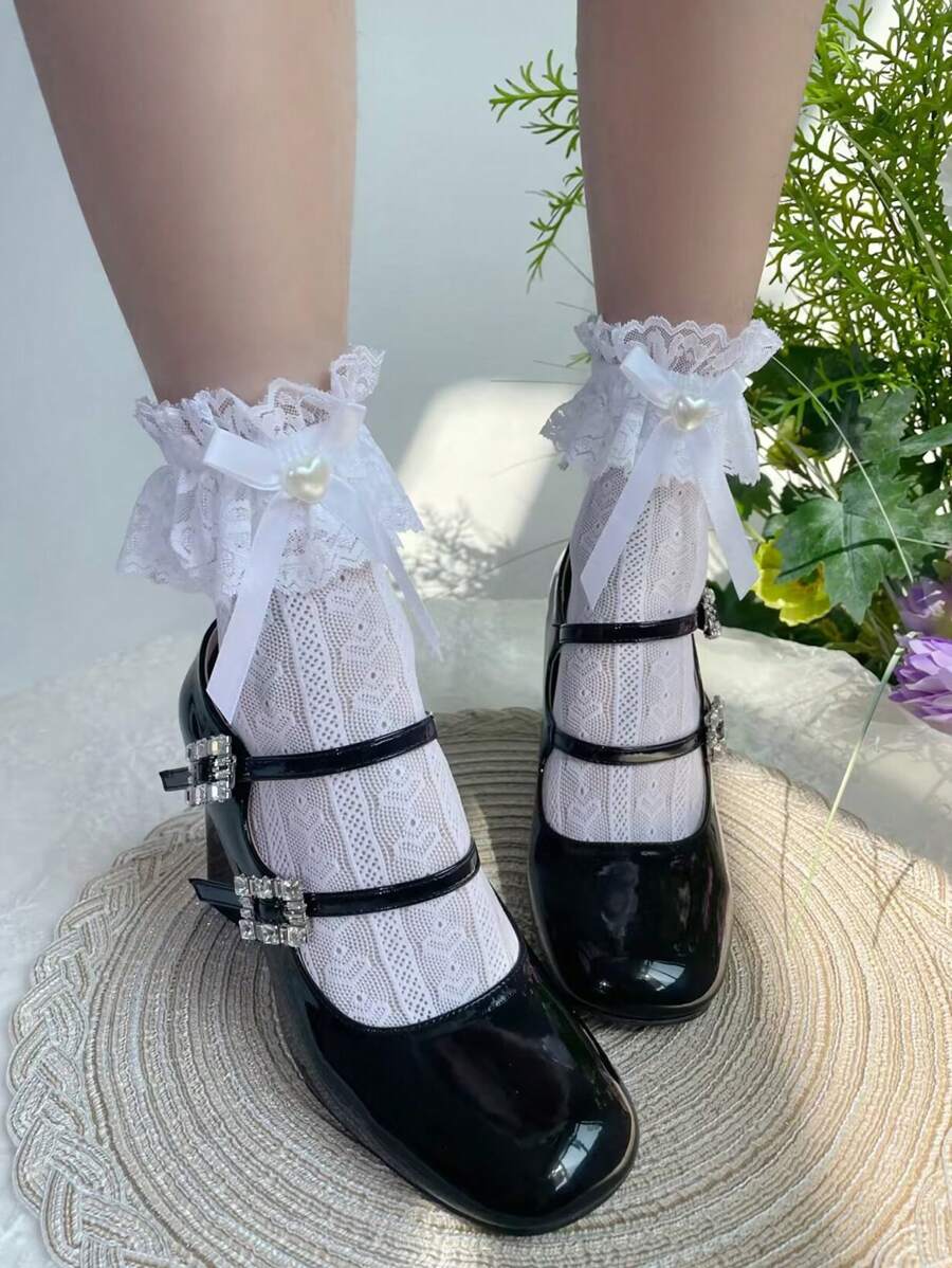 1 par de calcetines de media pantorrilla para mujer con encaje, lazo, decoración de perlas, estilo lindo Lolita, longitud media de la pantorrilla, talla única, estilo universitario