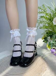1 par de calcetines de media pantorrilla para mujer con encaje, lazo, decoración de perlas, estilo lindo Lolita, longitud media de la pantorrilla, talla única, estilo universitario